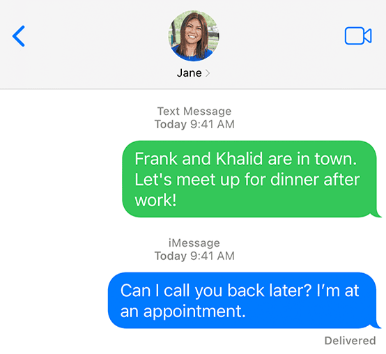 An example between sent iMessage and regular Text Message (SMS)